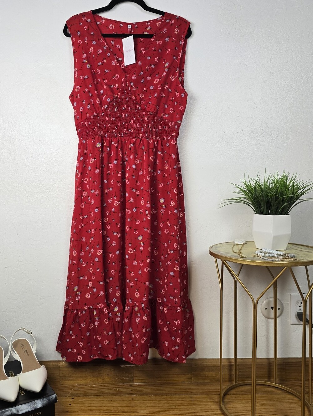 Elings Red Floral Sleeveless Midi Dress - 1XL
